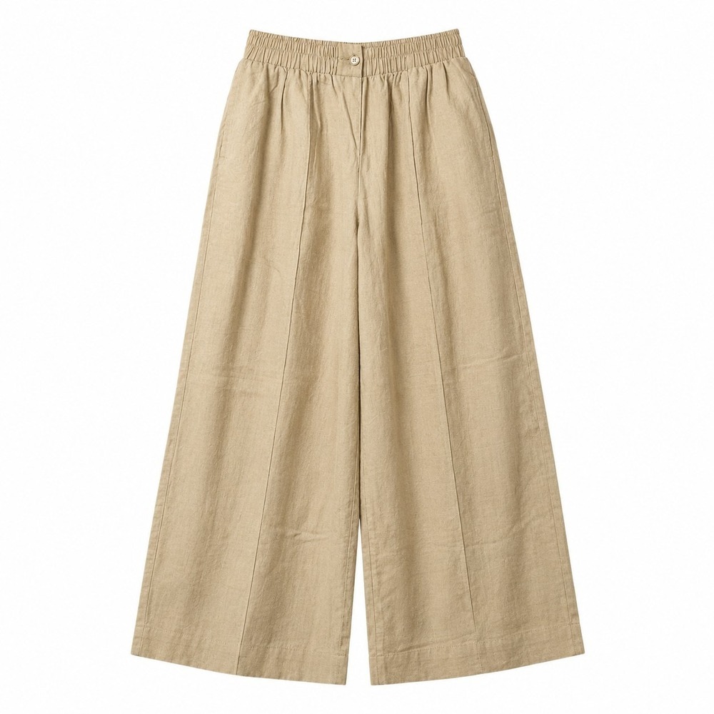 TOPSHOP Linen Blend Wide-Leg Pant Sz 6 Beige Pull-On Elastic Waist Beach Vacay